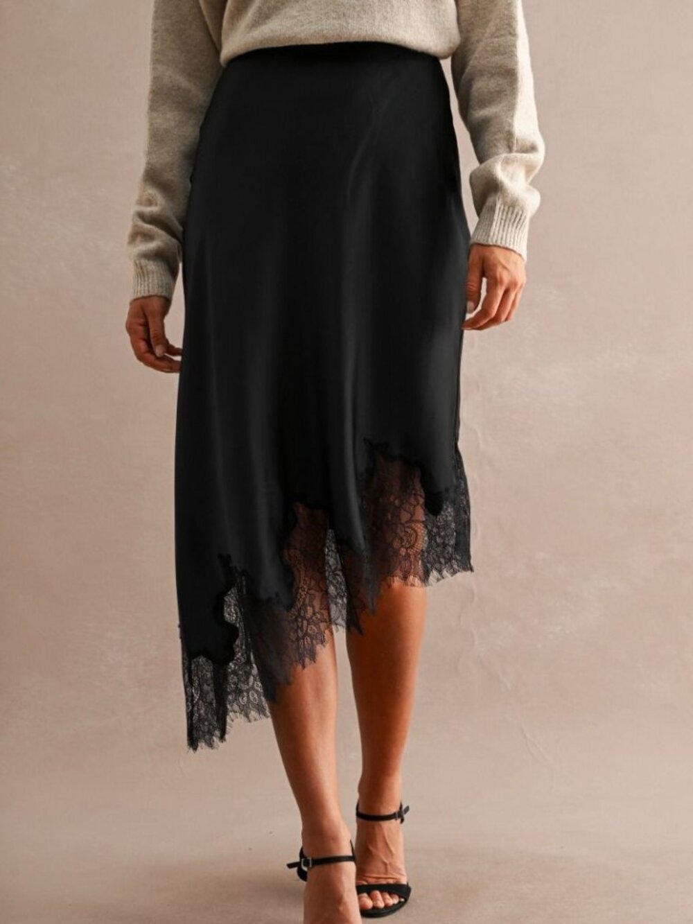 10/24 DROP! Black Satin Lace Hem Trim Skirt Asymmetrical SML NWT Trendy Fall
